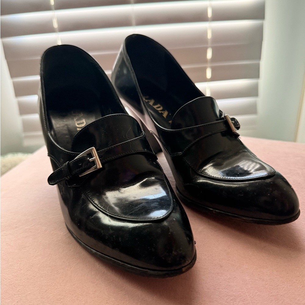 Prada Glossy Black Buckle Loafers